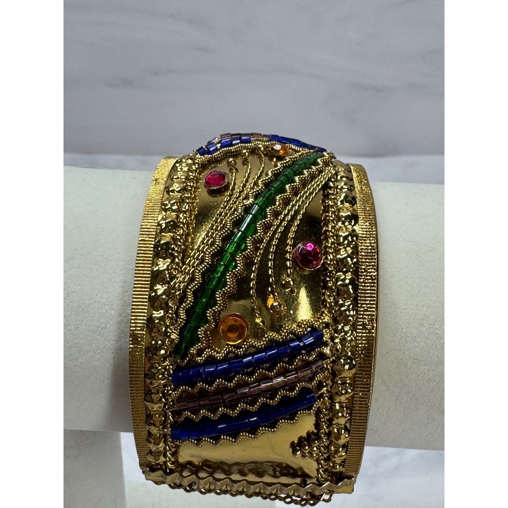 Gold Tone Beaded Rhinestone Hinged Cuff Bracelet Multi Color Boho Statement